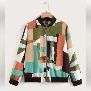Shein Colorblock Zip Up Bomber Jacket, Size Medium